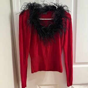 VTG Heart Moon Star Red Sparkle Knit Feather Trim Top XS/S